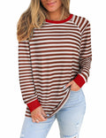 Misyula Style Plus Size Striped Color Block Sweatshirt Red Brown Size XL