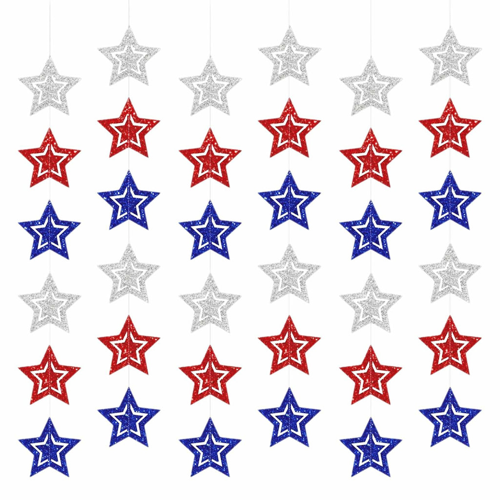 hhdatc 4th of July Hollow Out Star Banner Red Silver Blue Paper Decor