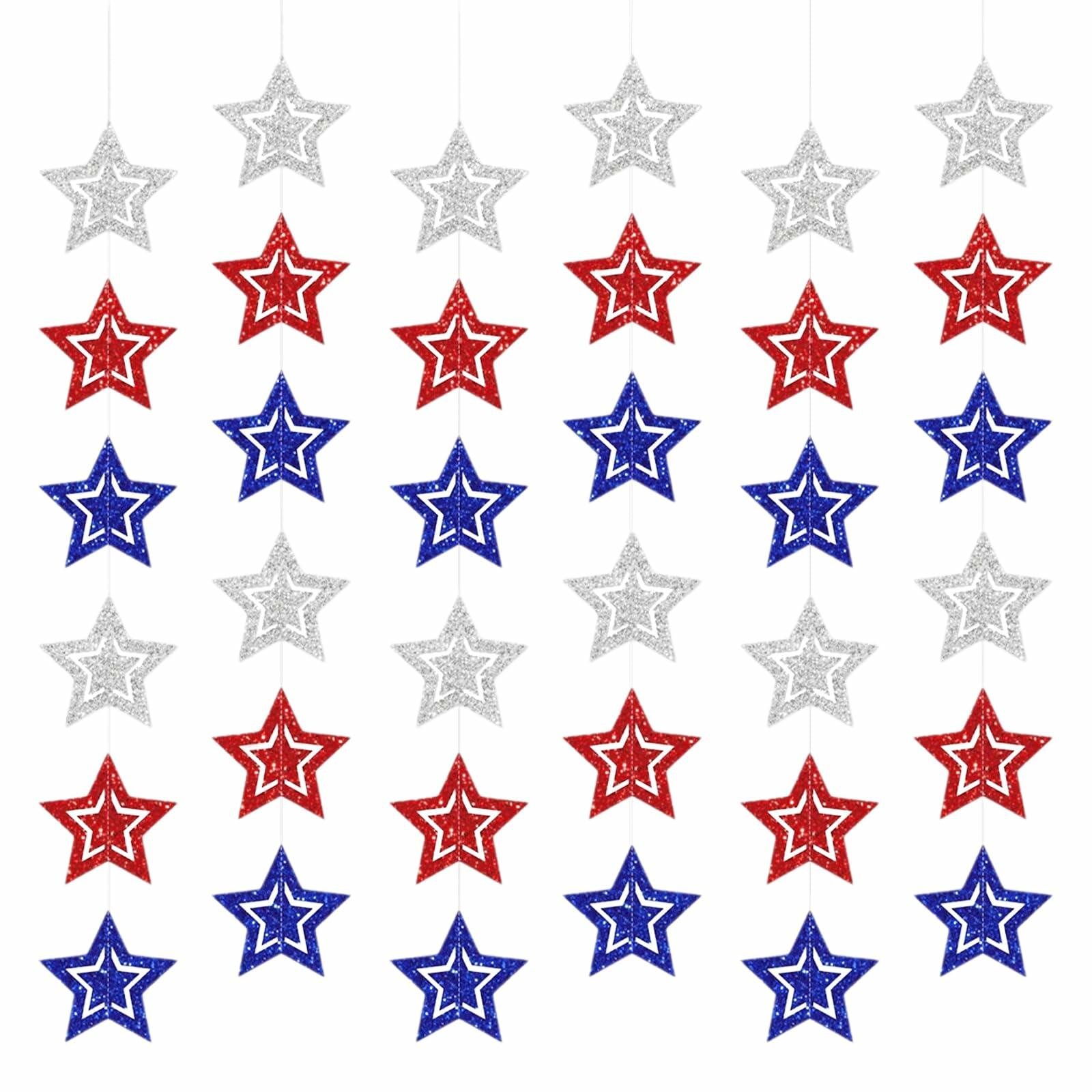 hhdatc 4th of July Hollow Out Star Banner Red Silver Blue Paper Decor