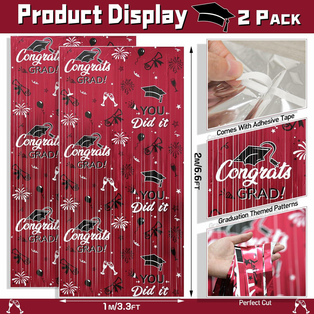 Pedel 2025 Graduation Foil Fringe Curtains 2 Pack 3.2x6.5ft Maroon Black