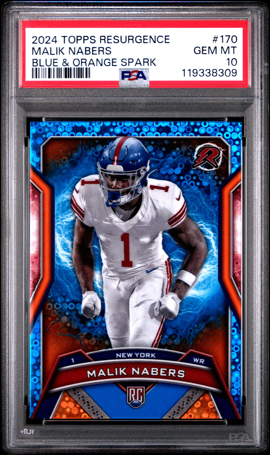 Graded 2024 Topps Resurgence Malik Nabers #170 Blue & Orange Spark Rookie RC Football Card PSA 10 Gem Mint