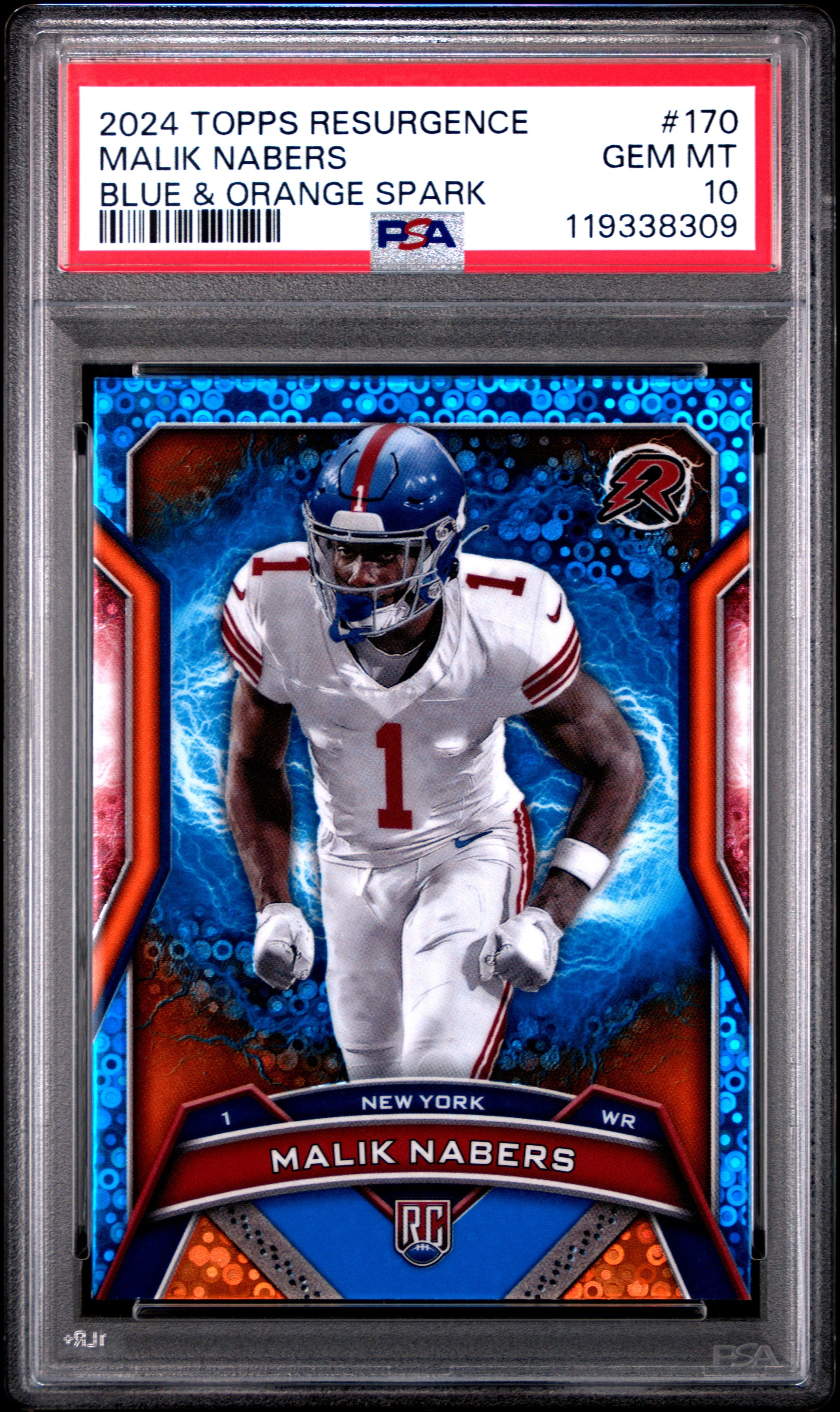 Graded 2024 Topps Resurgence Malik Nabers #170 Blue & Orange Spark Rookie RC Football Card PSA 10 Gem Mint