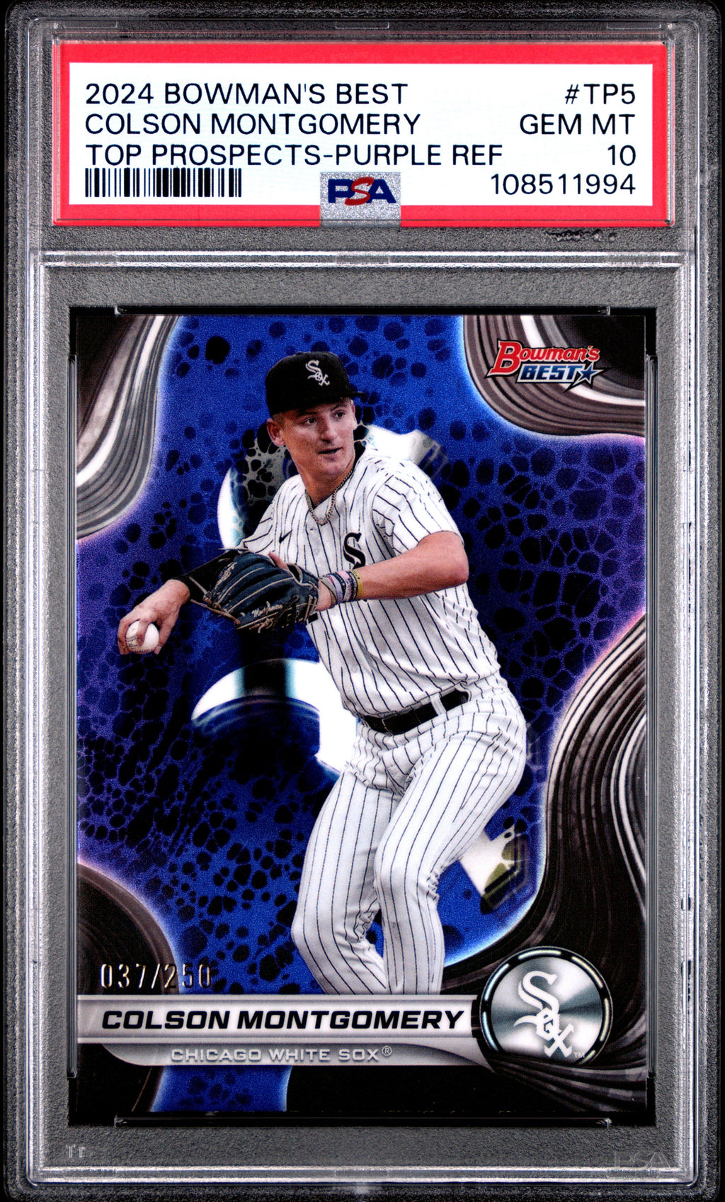 Graded 2024 Topps Bowmans Best Colson Montgomery #TP5 Top Prospects Purple Refractor /250 Rookie RC Baseball Card PSA 10 Gem Mint