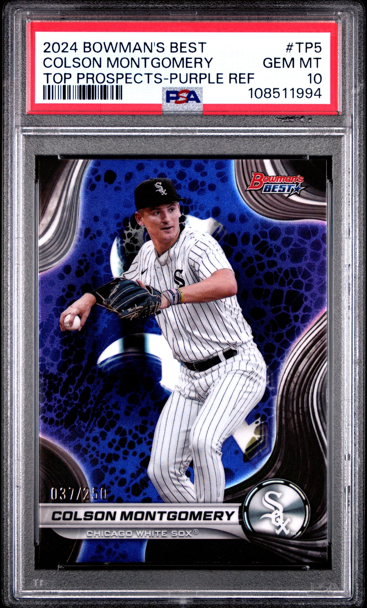 Graded 2024 Topps Bowmans Best Colson Montgomery #TP5 Top Prospects Purple Refractor /250 Rookie RC Baseball Card PSA 10 Gem Mint