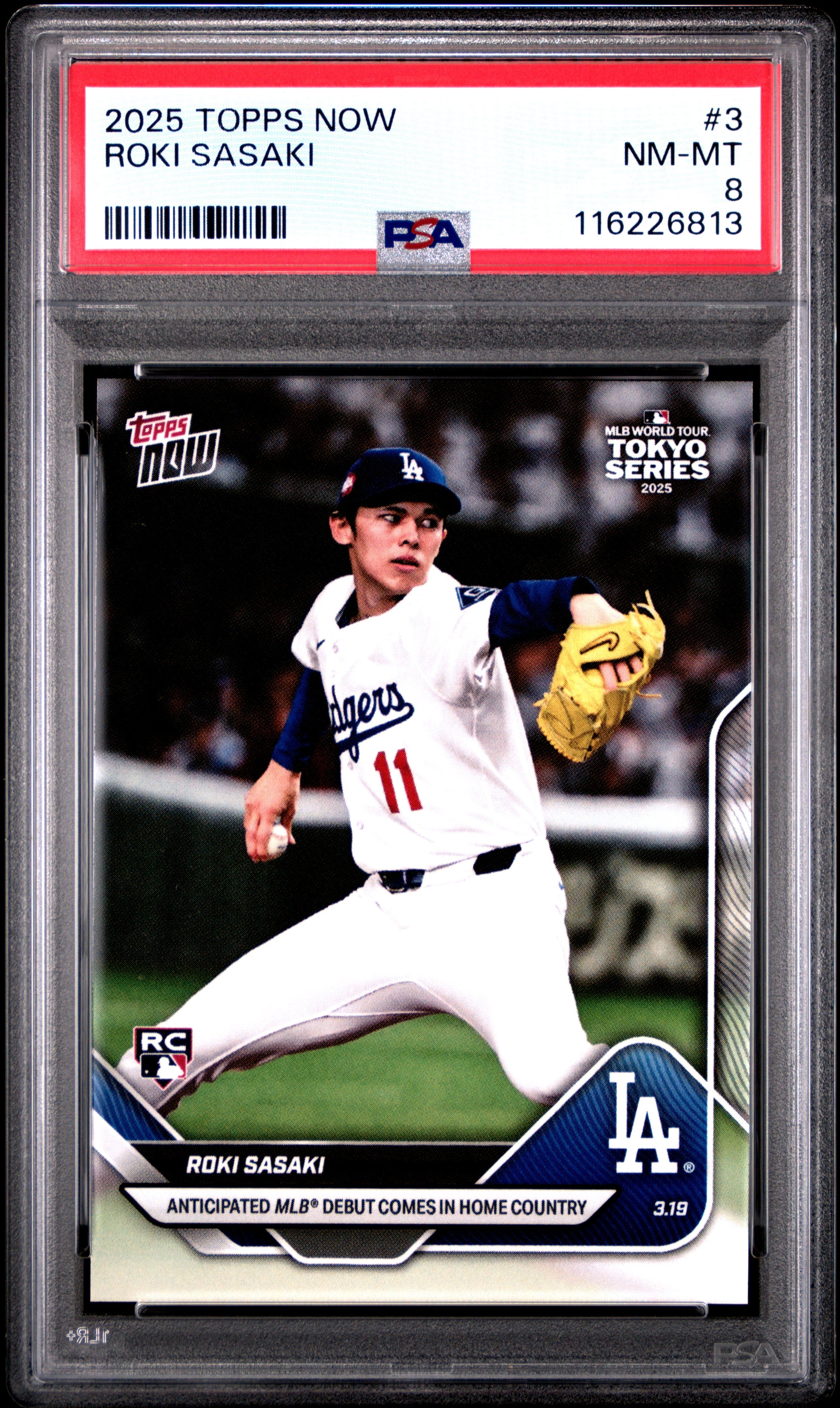 Graded 2025 Topps Now Roki Sasaki #3 Rookie RC Baseball Card PSA 8 Near Mint