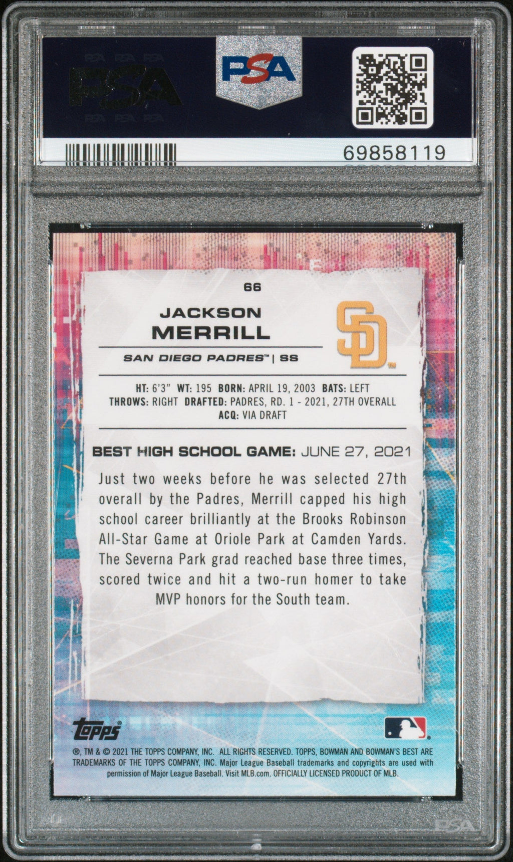 Graded 2021 Topps Bowmans Best Jackson Merrill #66 Atomic Refractor Rookie RC Baseball Card PSA 10 Gem Mint