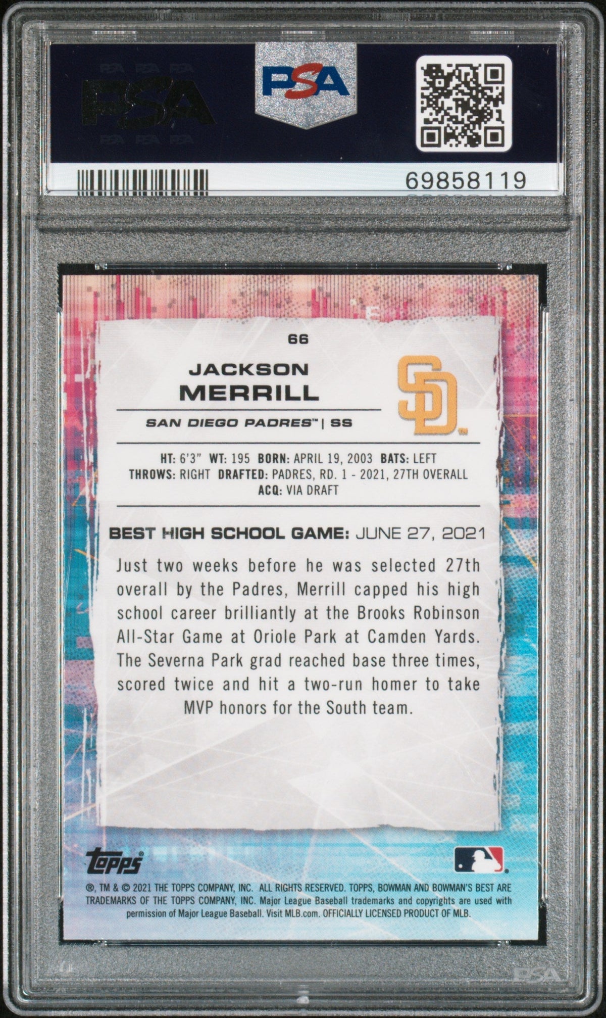 Graded 2021 Topps Bowmans Best Jackson Merrill #66 Atomic Refractor Rookie RC Baseball Card PSA 10 Gem Mint