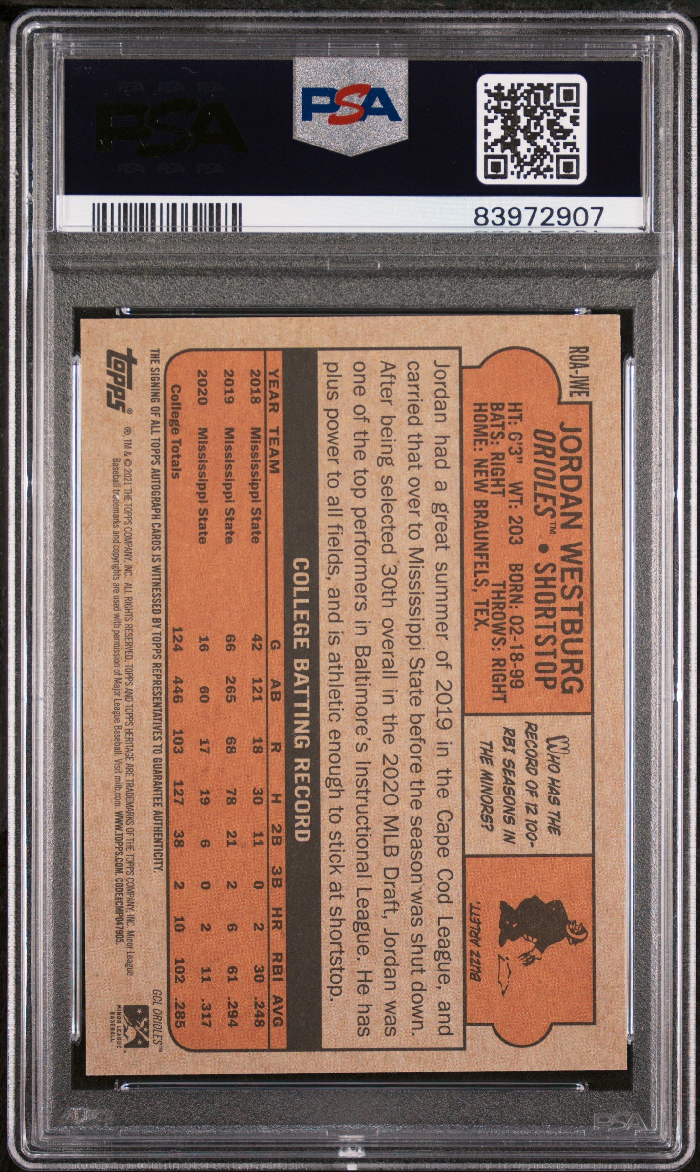 Graded 2021 Topps Heritage M/L Jordan Westburg #ROAJWE Real Ones Autograph Rookie RC Baseball Card PSA 10 Gem Mint
