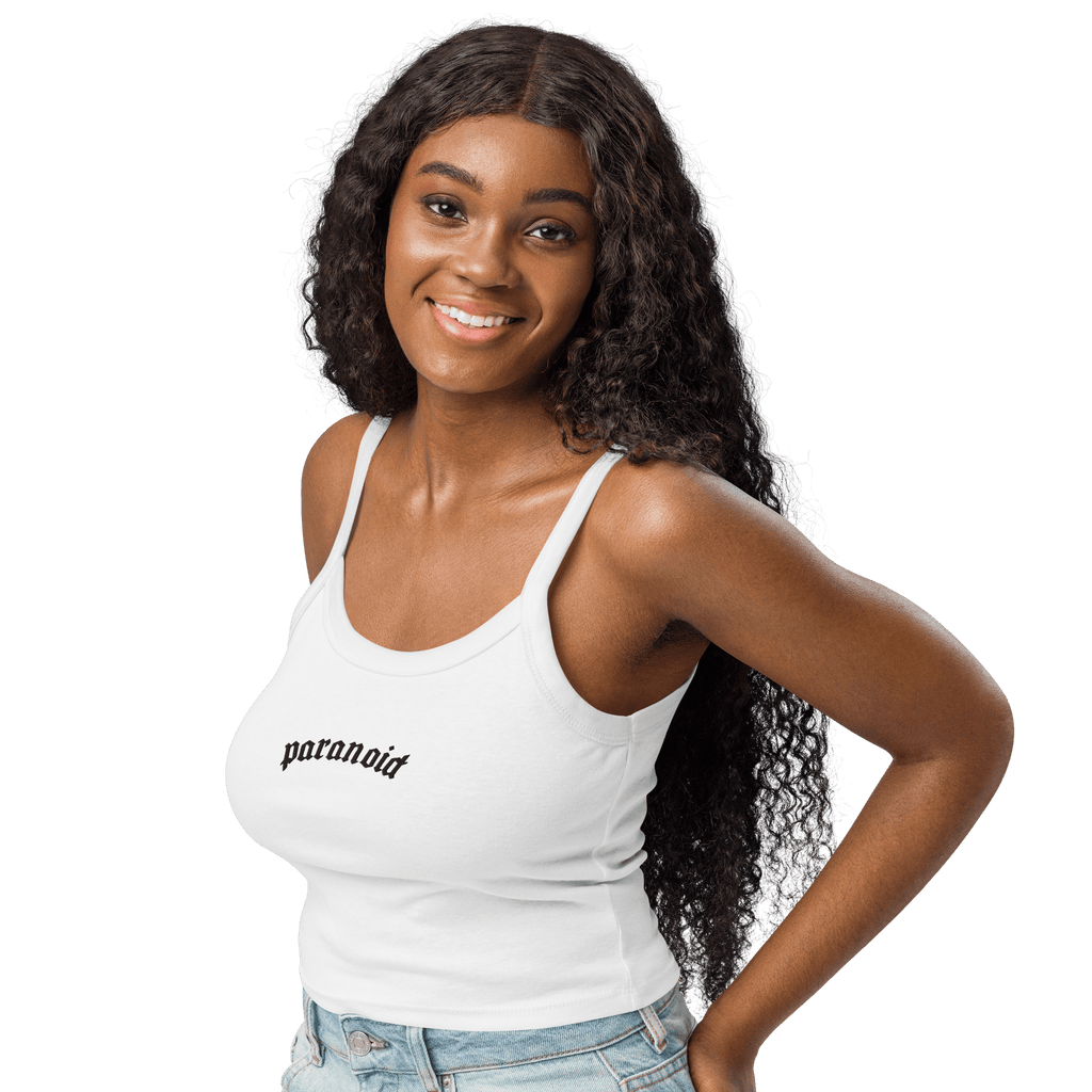 Paranoid Embroidered Ribbed Cropped Tank Top