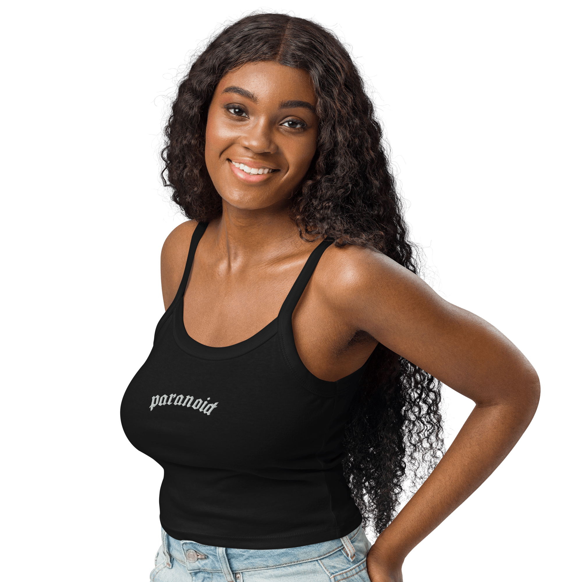Paranoid Embroidered Ribbed Cropped Tank Top