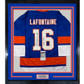 Framed Autographed/Signed Pat Lafontaine 35x39 HOF 03 New York Blue Hockey Jersey JSA COA