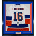 Framed Autographed/Signed Pat Lafontaine HOF 03 35x39 New York White Hockey Jersey JSA COA