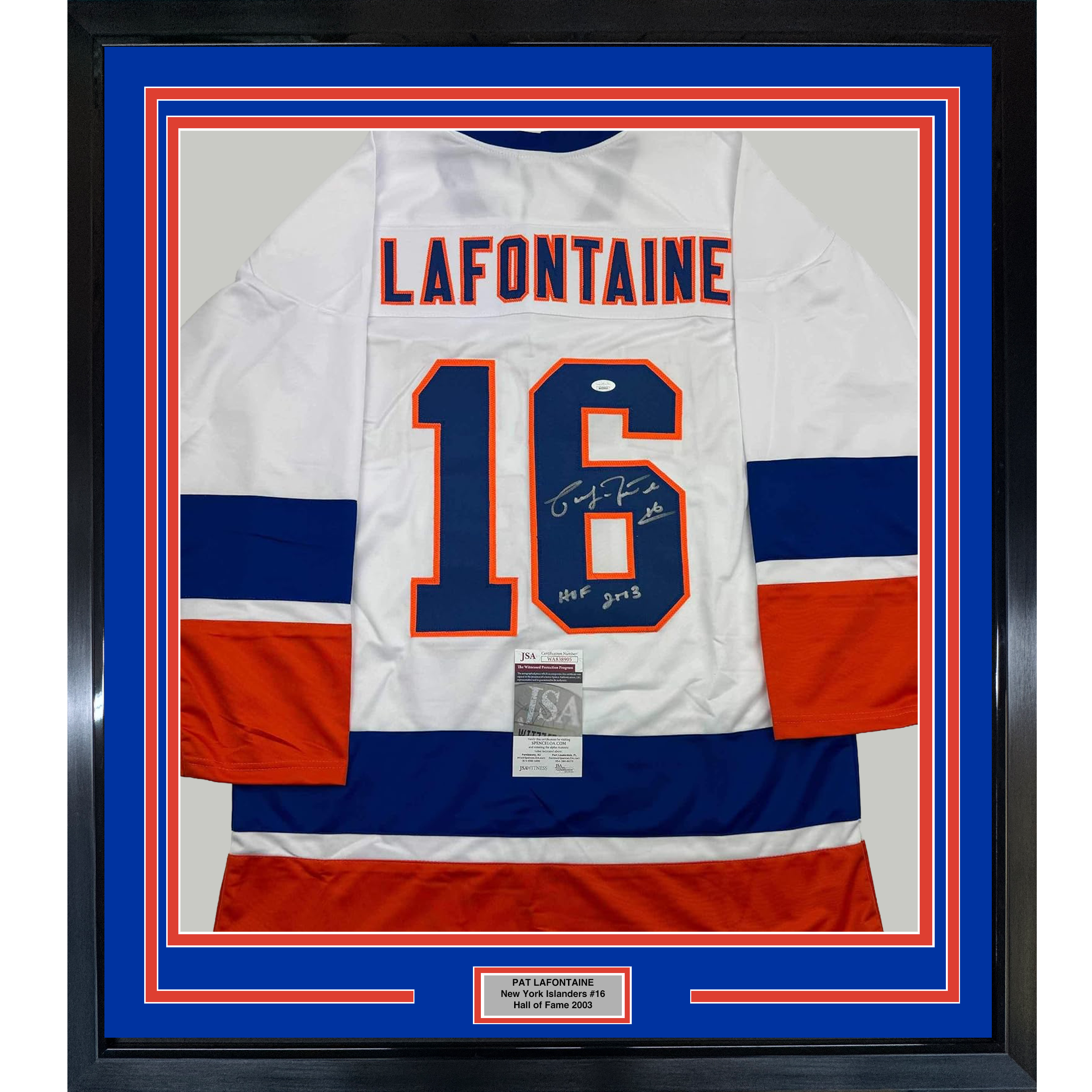 Framed Autographed/Signed Pat Lafontaine HOF 03 35x39 New York White Hockey Jersey JSA COA