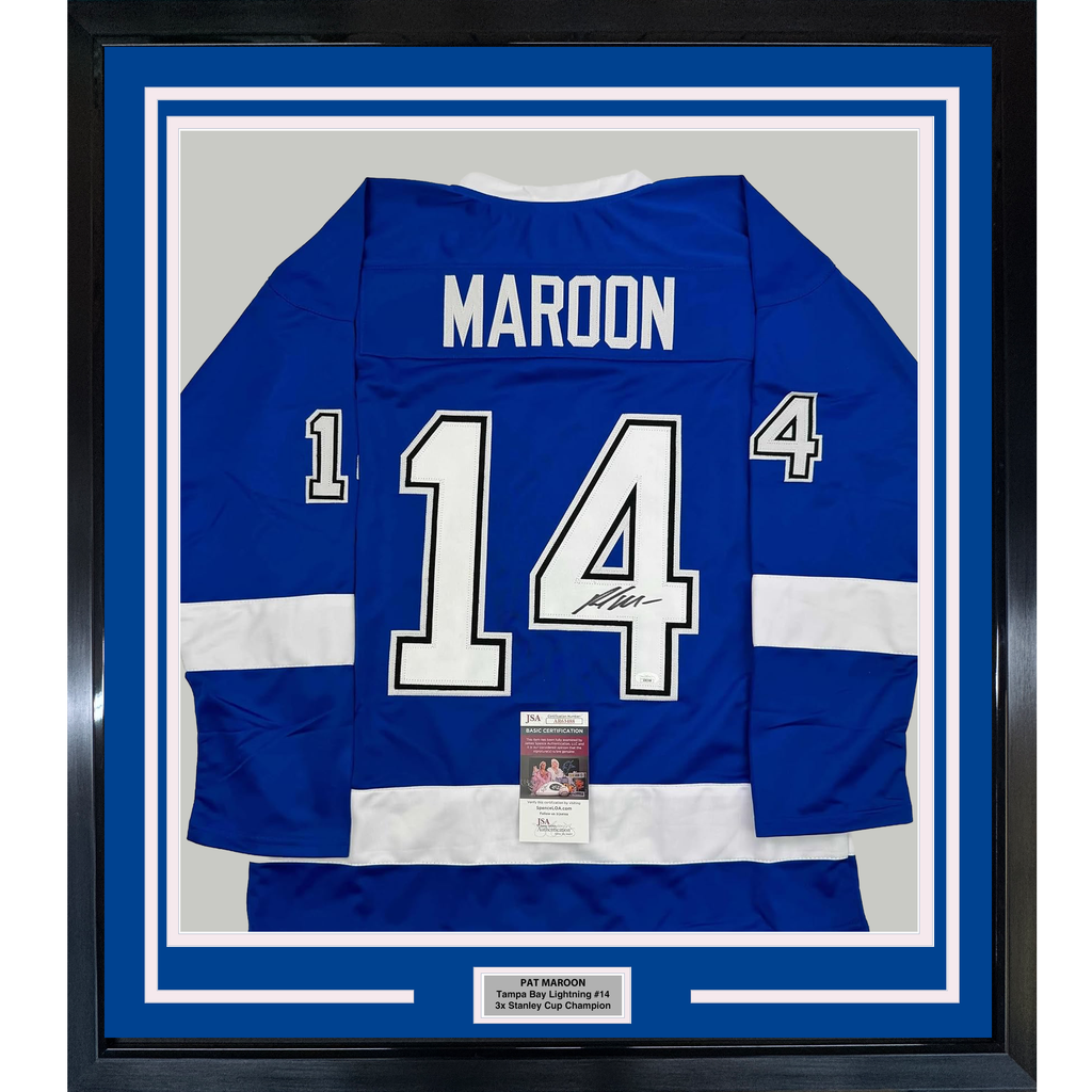 Framed Autographed/Signed Pat Maroon 35x39 Tampa Bay Blue Hockey Jersey JSA COA