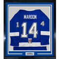 Framed Autographed/Signed Pat Maroon 35x39 Tampa Bay Blue Hockey Jersey JSA COA