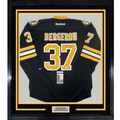 Framed Autographed/Signed Patrice 35x39 Bergeron Personalized To Anthony Boston Bruins Black Hockey Jersey JSA COA
