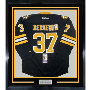 Framed Autographed/Signed Patrice 35x39 Bergeron Personalized To Anthony Boston Bruins Black Hockey Jersey JSA COA