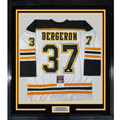Framed Autographed/Signed Patrice Bergeron 35x39 Boston White Hockey Jersey JSA COA
