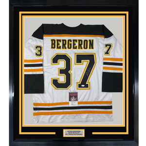 Framed Autographed/Signed Patrice Bergeron 35x39 Boston White Hockey Jersey JSA COA
