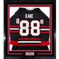 Framed Autographed/Signed Patrick Kane 35x39 Chicago Black Hockey Jersey JSA COA