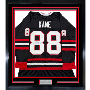 Framed Autographed/Signed Patrick Kane 35x39 Chicago Black Hockey Jersey JSA COA