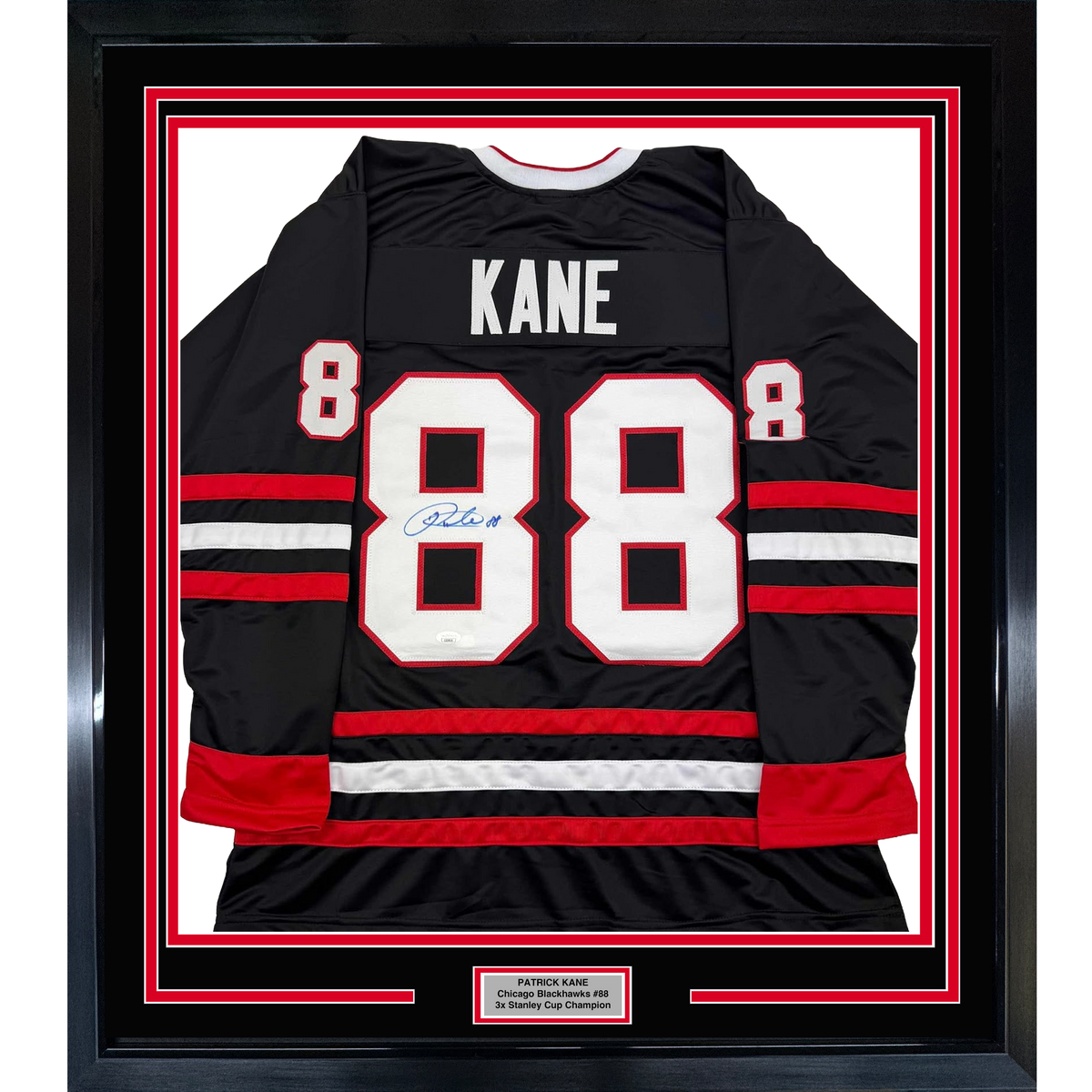 Framed Autographed/Signed Patrick Kane 35x39 Chicago Black Hockey Jersey JSA COA