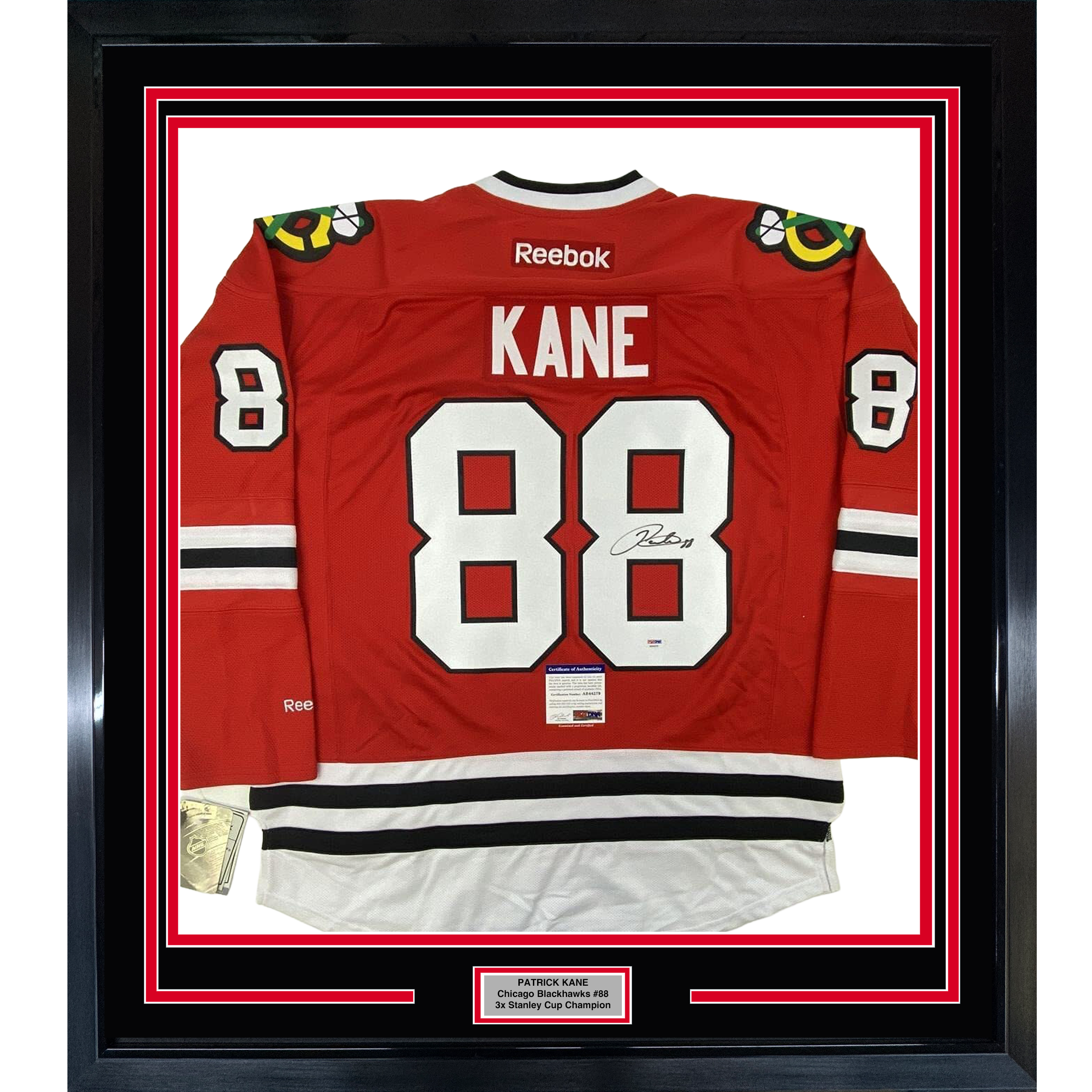 Framed Autographed/Signed Patrick Kane 35x39 Chicago Blackhawks Red Hockey Jersey PSA/DNA COA