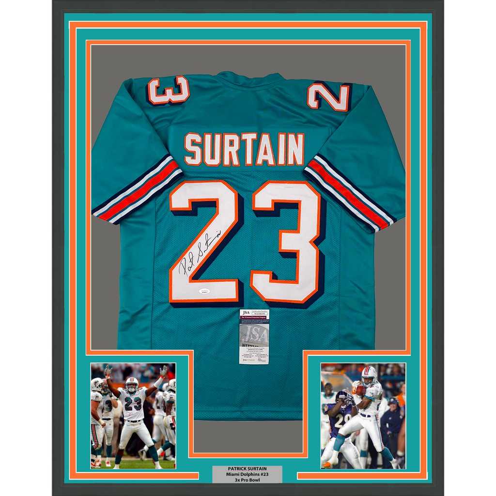 Framed Autographed/Signed Patrick Surtain 35x39 Miami Teal Football Jersey JSA COA
