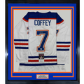 Framed Autographed/Signed Paul Coffey 35x39 Edmonton White Hockey Jersey JSA COA