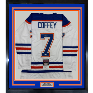 Framed Autographed/Signed Paul Coffey 35x39 Edmonton White Hockey Jersey JSA COA