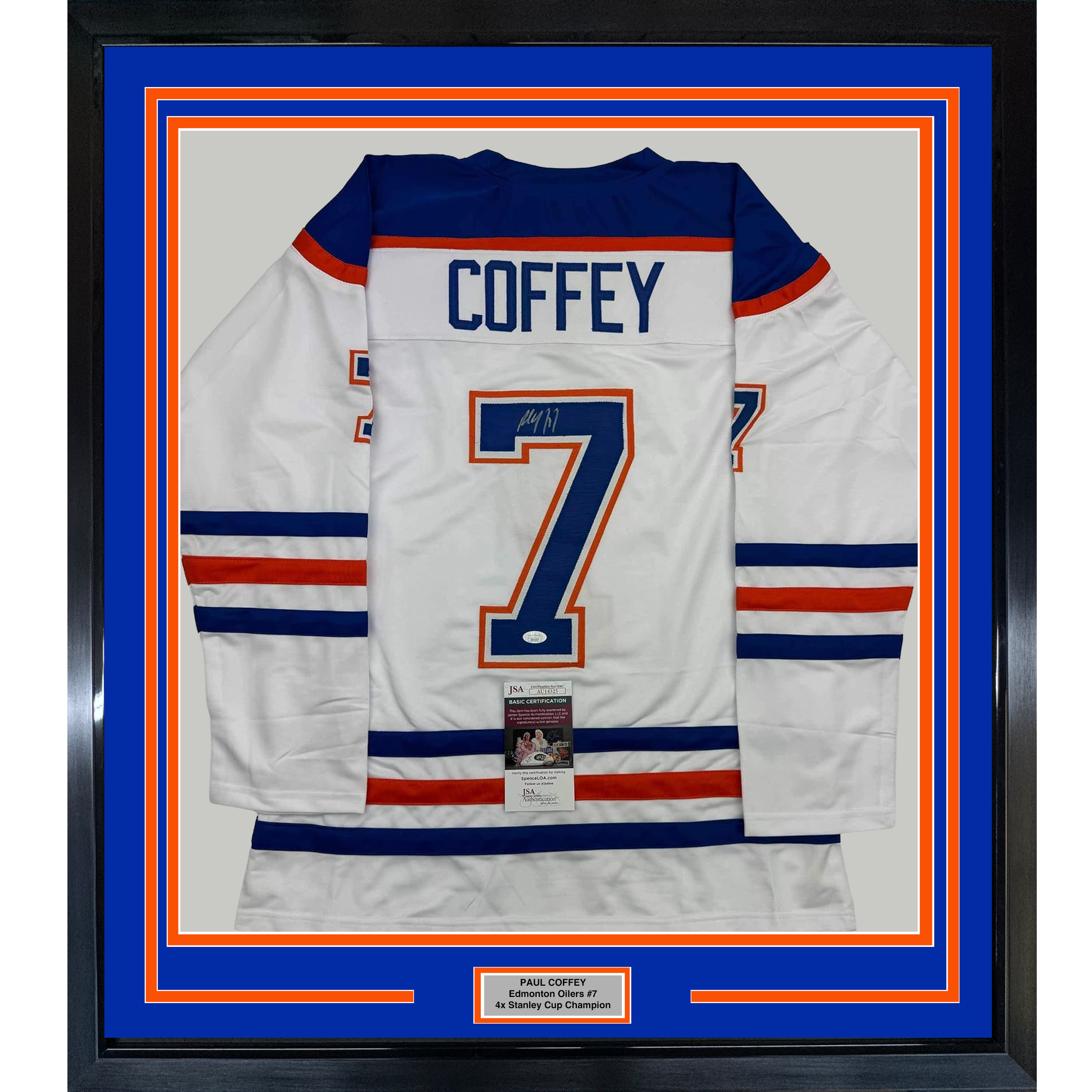 Framed Autographed/Signed Paul Coffey 35x39 Edmonton White Hockey Jersey JSA COA