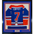 Framed Autographed/Signed Paul Coffey 35x39 Edmonton Blue Hockey Jersey JSA COA