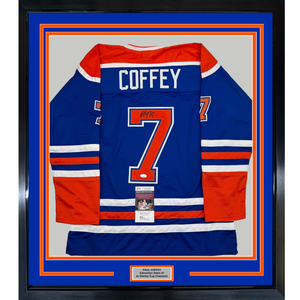 Framed Autographed/Signed Paul Coffey 35x39 Edmonton Blue Hockey Jersey JSA COA