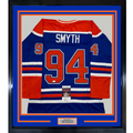 Framed Autographed/Signed Ryan Smyth 35x39 Edmonton Blue Hockey Jersey JSA COA
