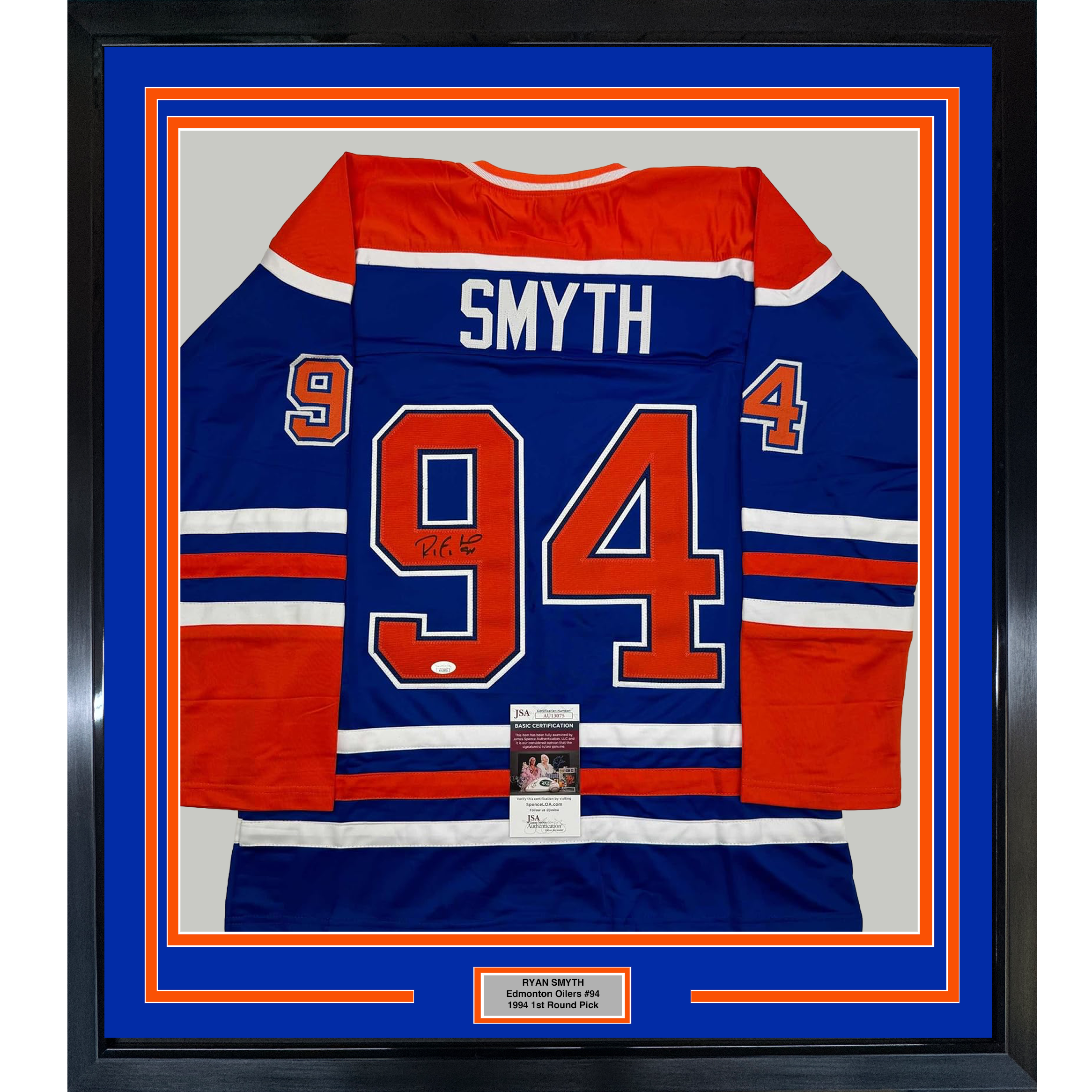 Framed Autographed/Signed Ryan Smyth 35x39 Edmonton Blue Hockey Jersey JSA COA