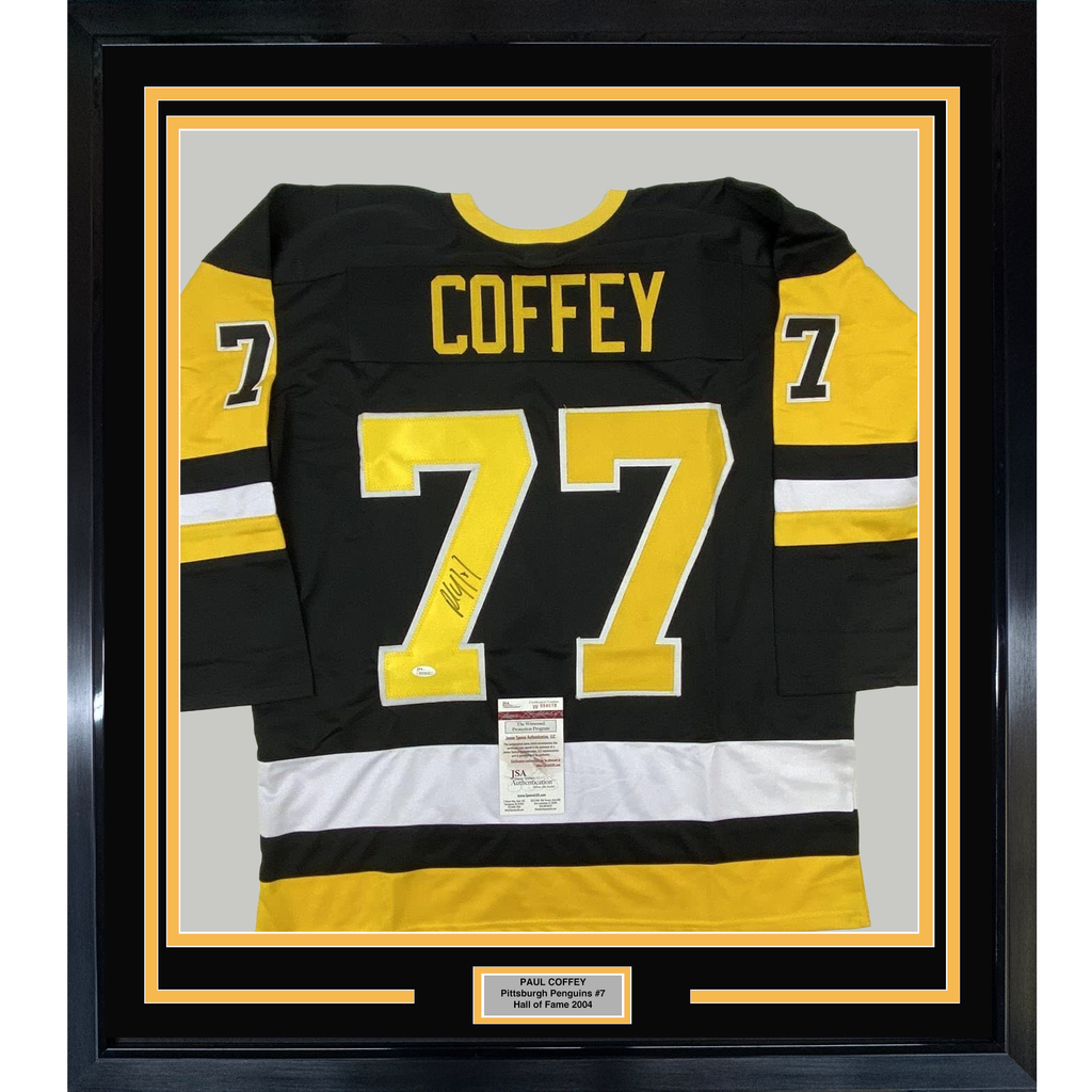 Framed Autographed/Signed Paul Coffey 35x39 Pittsburgh Black Hockey Jersey JSA COA