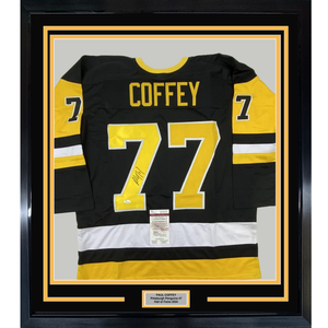 Framed Autographed/Signed Paul Coffey 35x39 Pittsburgh Black Hockey Jersey JSA COA