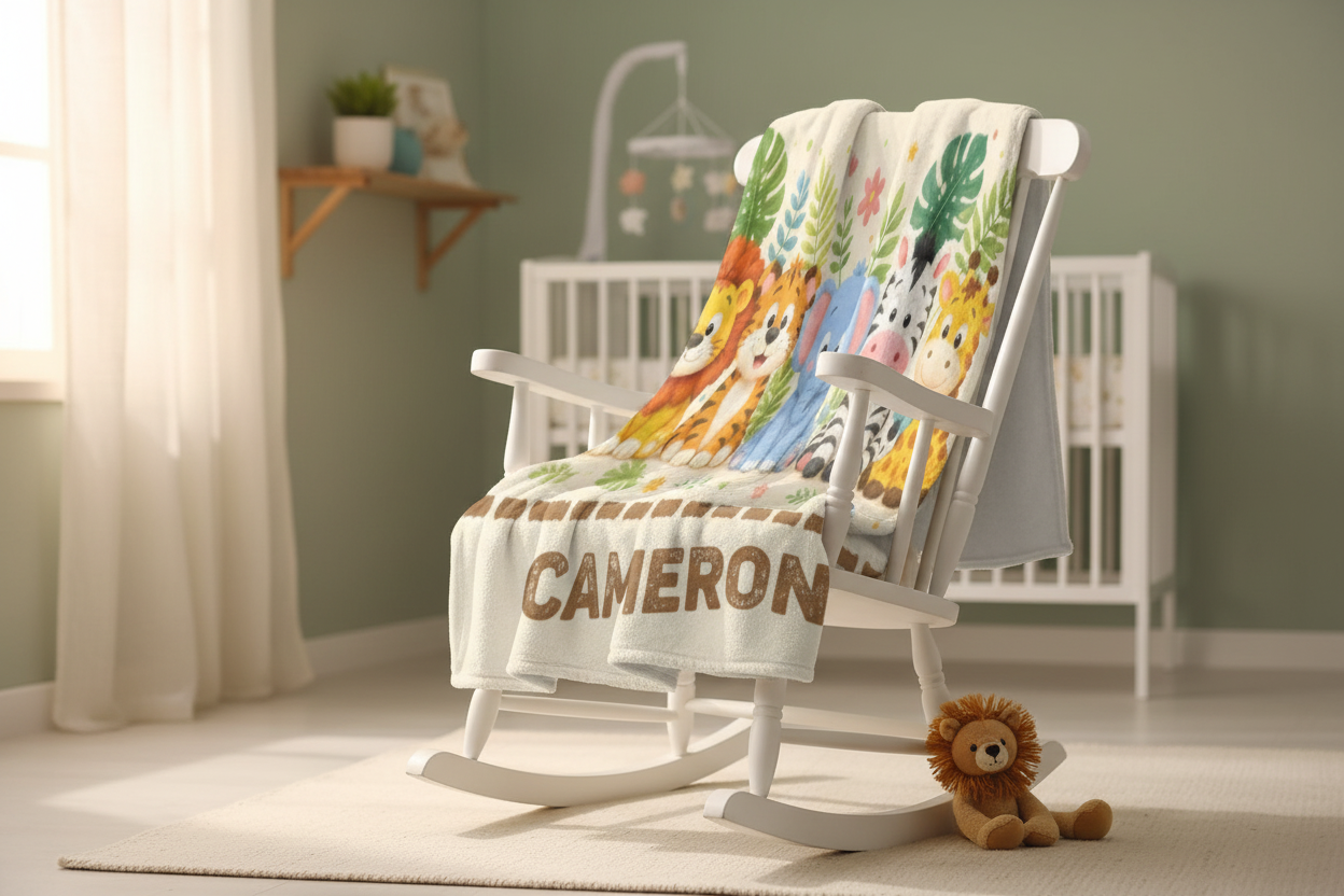 Personalized Safari Name Blanket | Custom Kids & Baby Gift | Nursery Decor