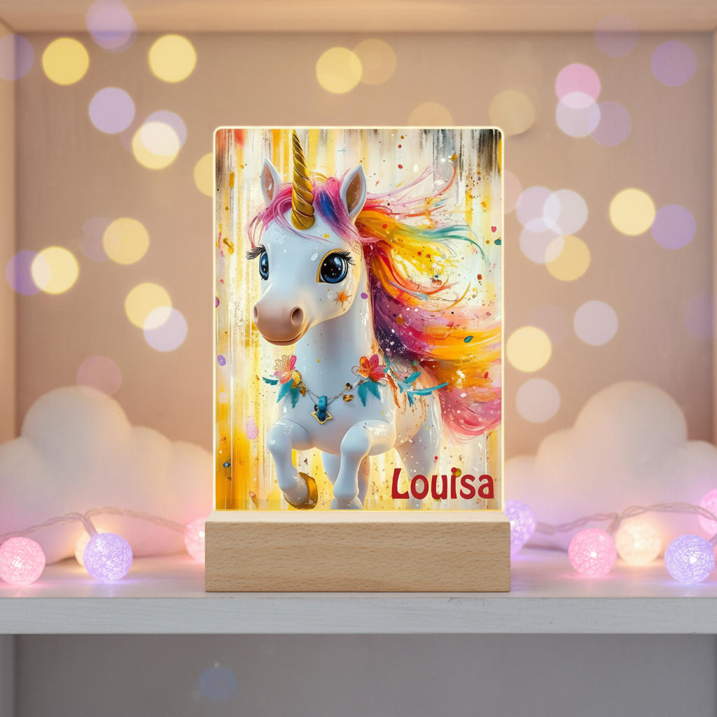 Personalized Unicorn Night Light for Kids - Wooden Base