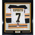 Framed Autographed/Signed Phil Esposito 35x39 Boston White Hockey Jersey JSA COA