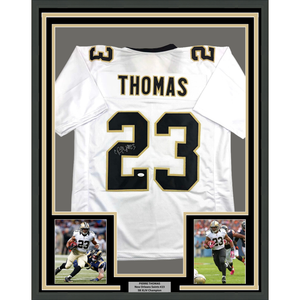 Framed Autographed/Signed Pierre Thomas 35x39 New Orleans White Football Jersey JSA COA