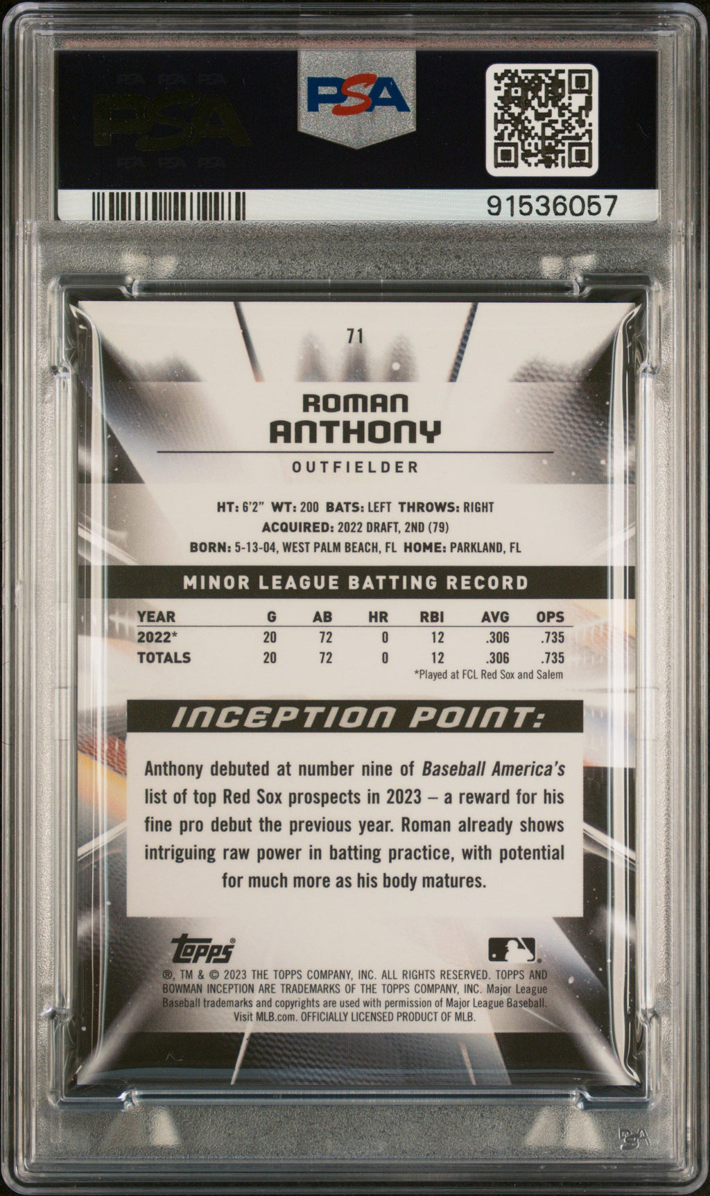 Graded 2023 Topps Bowman Inception Roman Anthony #71 Rookie RC Baseball Card PSA 10 Gem Mint