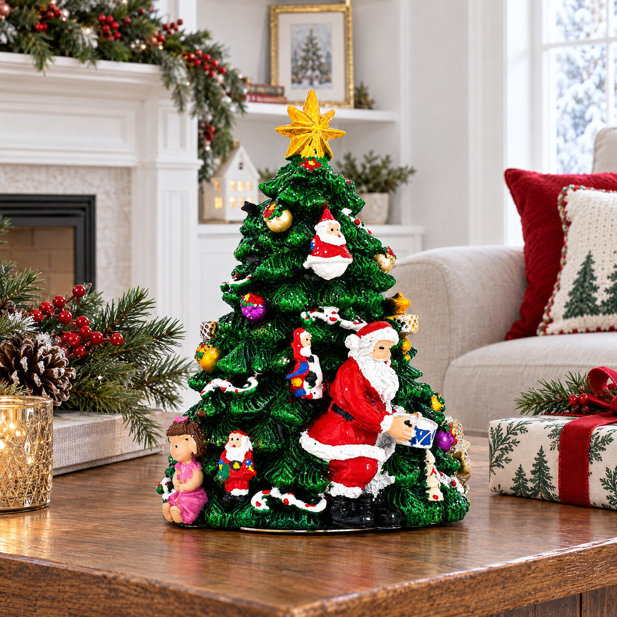 Santa Christmas Tree Musical Figurine with Spinning Motion with Star Topper