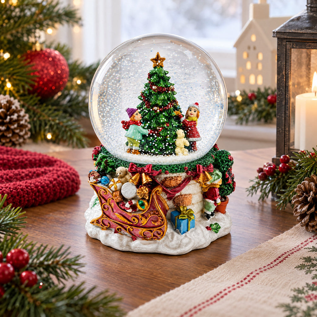 Joyful Children Adorning Christmas Tree: Musical Water Snow Globe