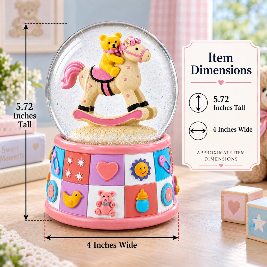 Teddy Bear Rocking Horse Musical Snow Globe - Nursery Decor 5.7 Inches