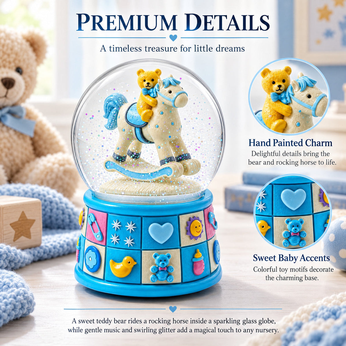 Teddy Bear on Rocking Horse Baby Boy Musical Water Snow Globe