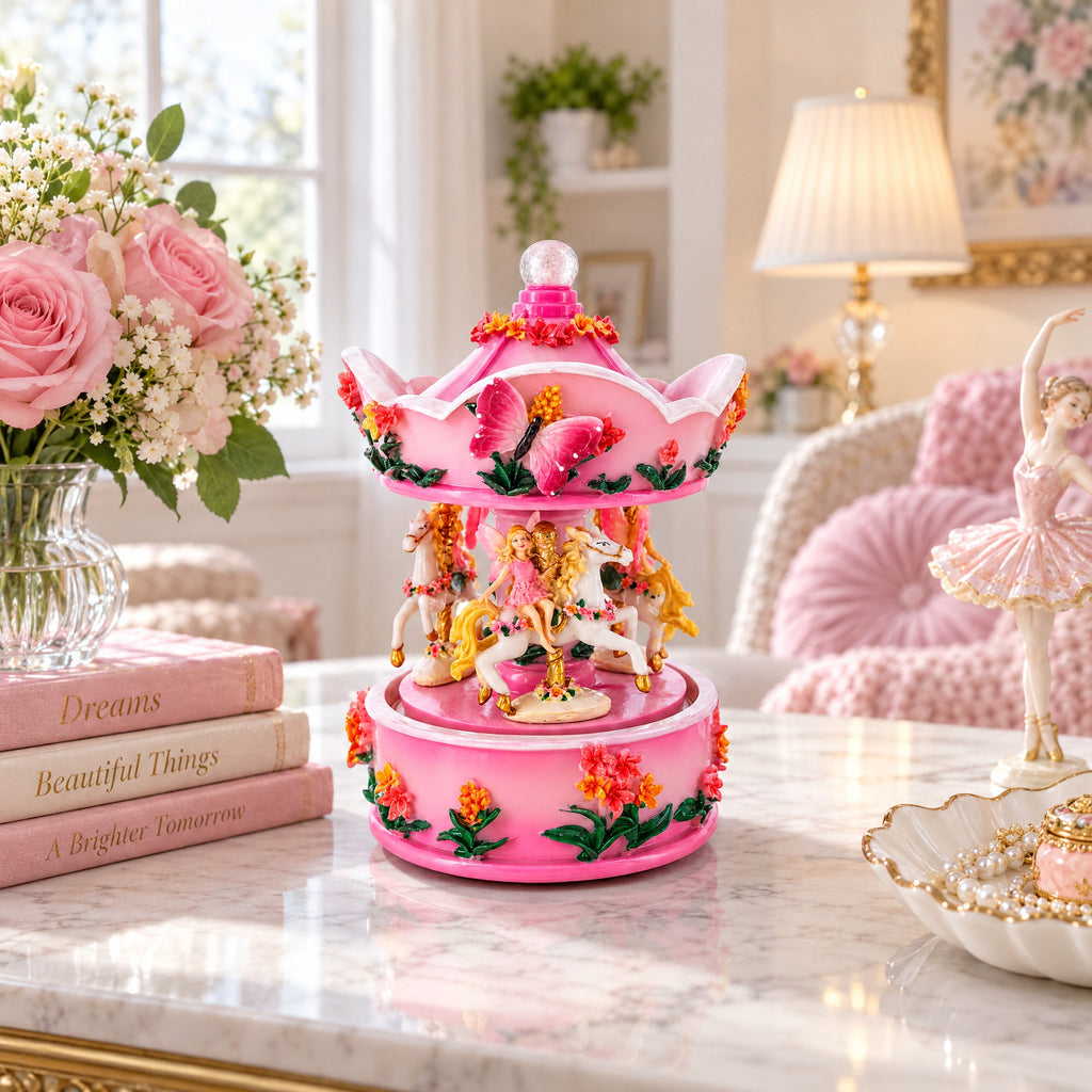 Pink Fairy Floral Carousel Musical Figurine