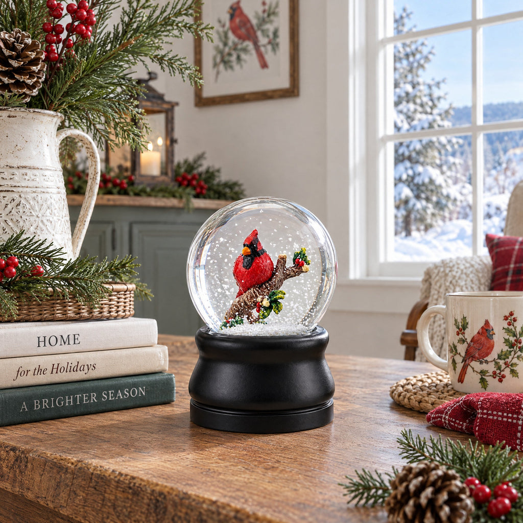 Red Cardinal on a Branch Musical Water Snow Globe