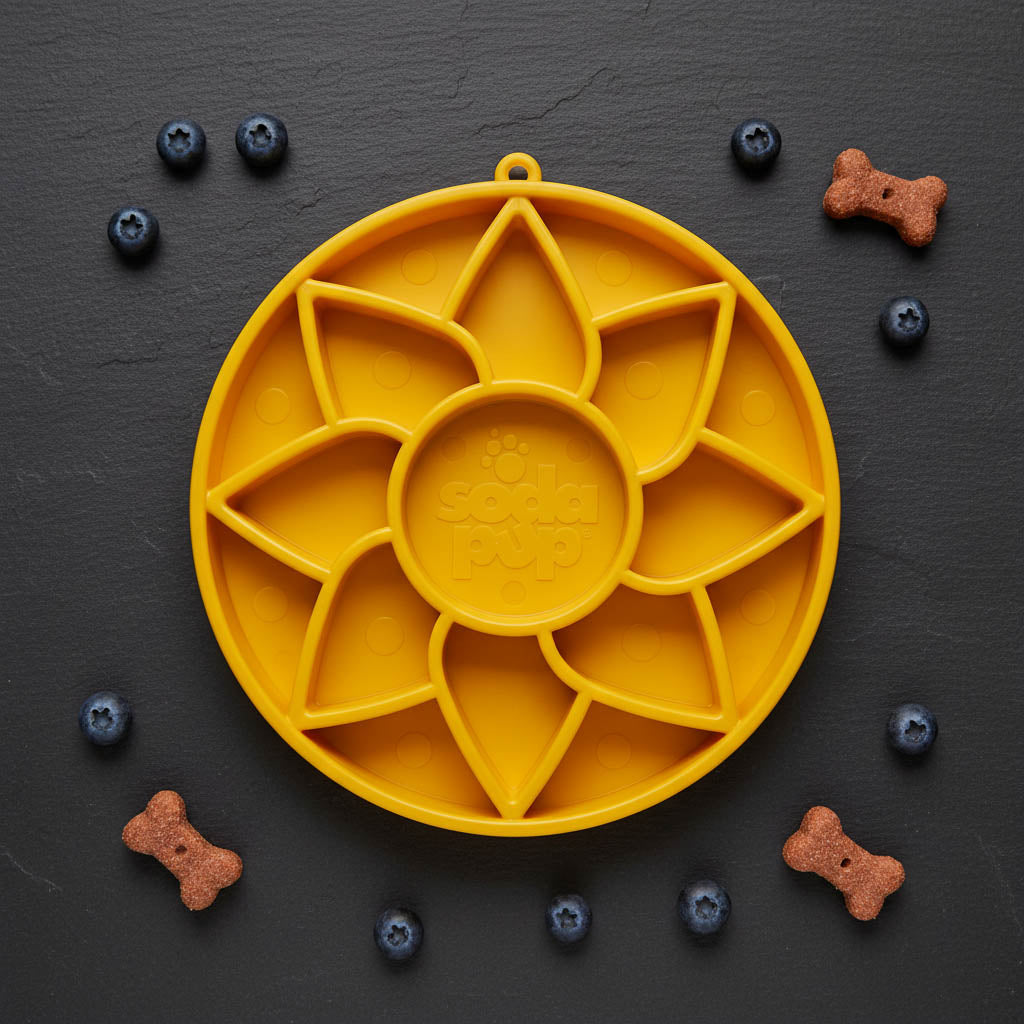 Sunflower Softie eTray Slow Feeder Dog Bowl | Soft Shallow Lick Mat | Yellow & Purple | USA Made
