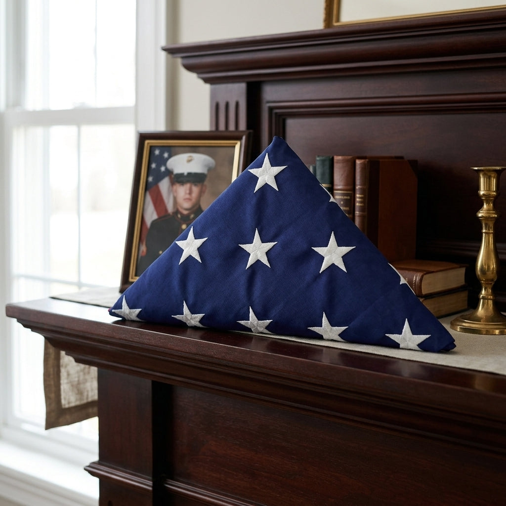 Pre Folded American Flag, American Flag Comes Folded - Fit 3'x5' American Flag. or Fit 5'x9.5' American Flag.